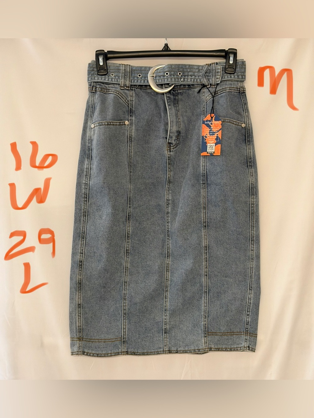 Classic Midwash Denim Midi Skirt with Belt